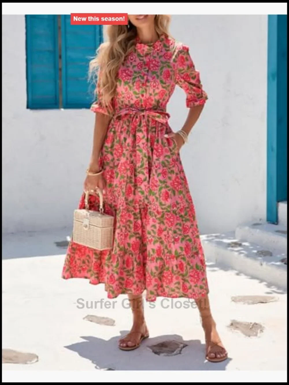 Floral Printed Stand Ruffle Collar Midi Dress Half Sleeve Button Down Flowy